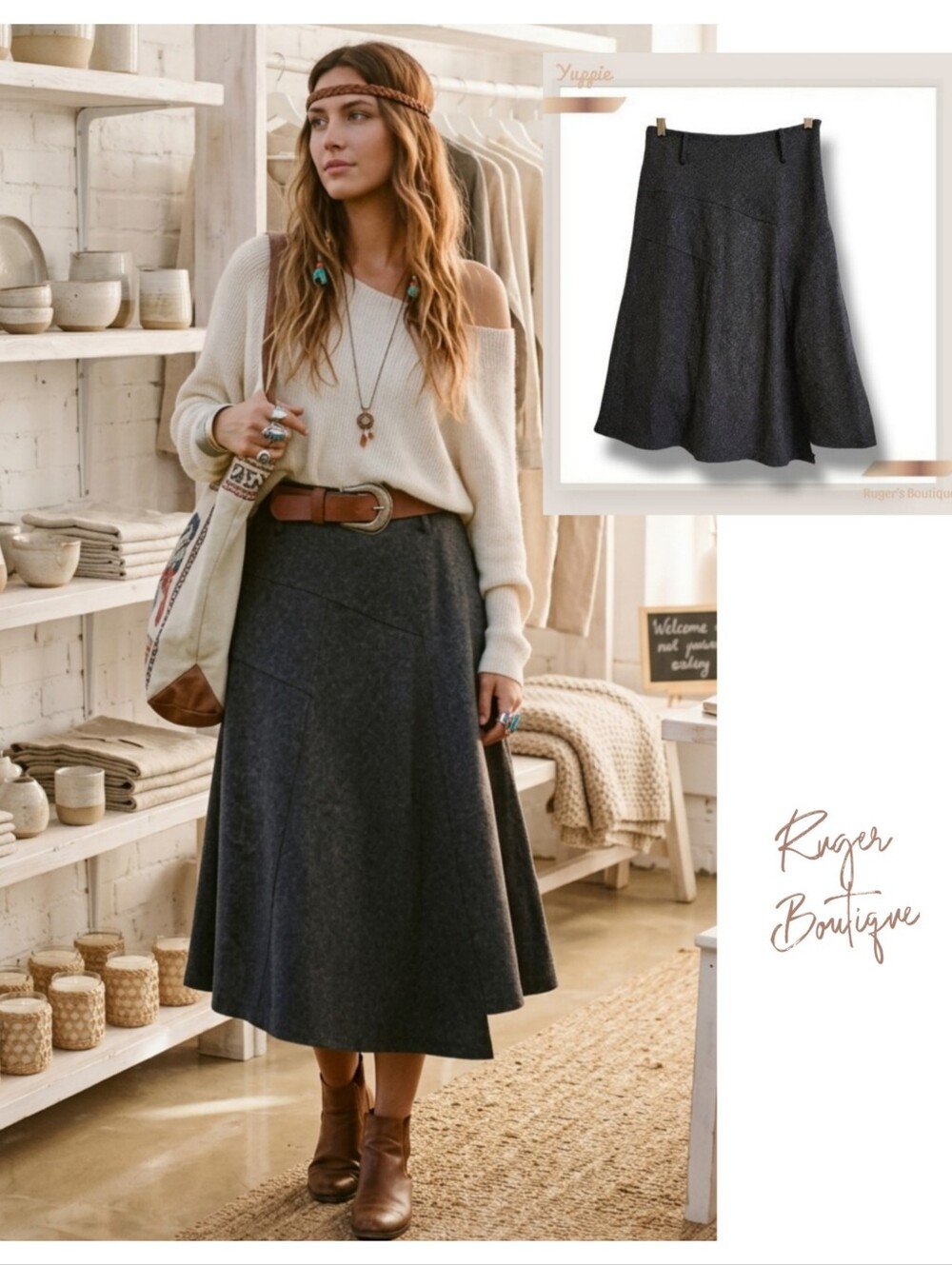🌿Boho Chic Asymmetrical Hem A-Line Midi Skirt | Yuppie Women's Large Gray Skirt